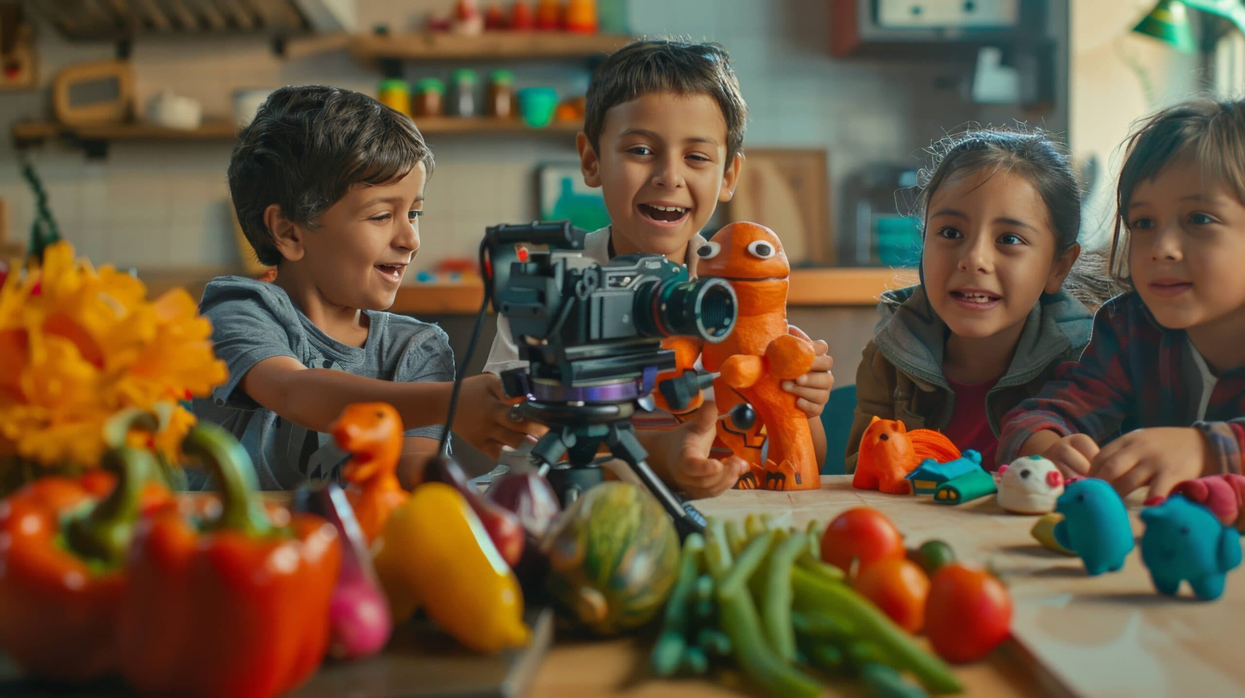 Children filming a stop-motion animation at a kitchen table